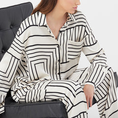 European And American Women's Satin Drape Print Shirt Two-piece Set