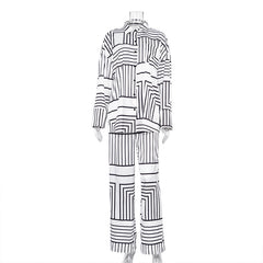European And American Women's Satin Drape Print Shirt Two-piece Set