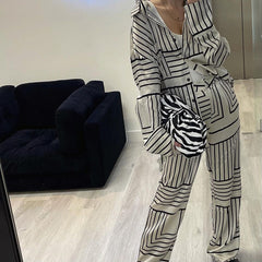 European And American Women's Satin Drape Print Shirt Two-piece Set