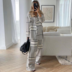 European And American Women's Satin Drape Print Shirt Two-piece Set