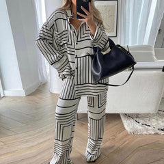 European And American Women's Satin Drape Print Shirt Two-piece Set