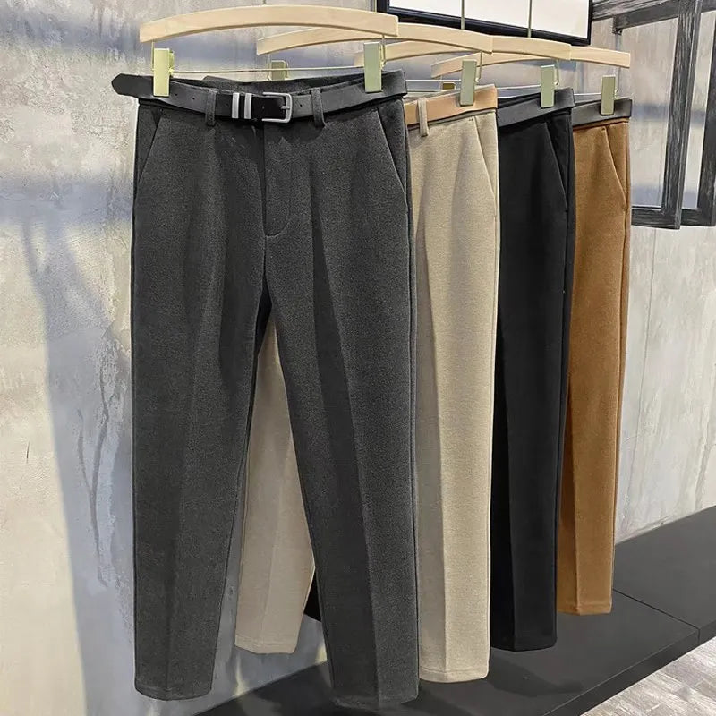 Winter Men Thick Woolen Cloth Suit Pants Casual Straight Drape Korean Fashion Business Trousers Male Clothing (No Belt)