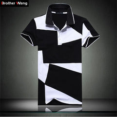Brother Wang Casual POLO Shirt Men's Summer Fashion New Black White Stitching Cotton Short-sleeved Polo Shirt Slim Male 5XL 6XL