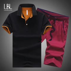 Mens Polo Shorts Sets Summer Cotton Button Polo Shirts Sets 2020 Mens Shorts Clothes 2 Piece Set Tracksuit Elastic Waist Shorts