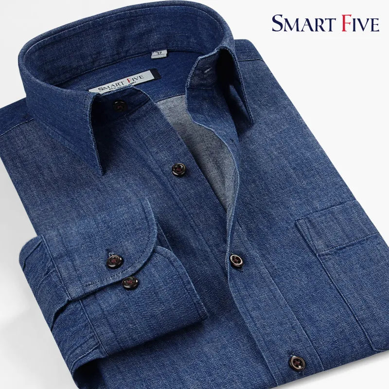 Smart five Brand High Quality Male Shirts Slim Smart Casual Business Cotton Long Sleeve Denim Shirt Men Plus Size 5XL 6XL