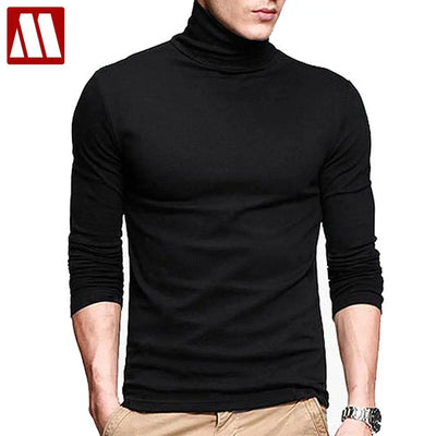 2022 New Men Fashion T Shirt Tees Slim Tops Male Stretch T-shirt Turtleneck Long Sleeve Tee Shirts High Collar Men's Cotton Tees