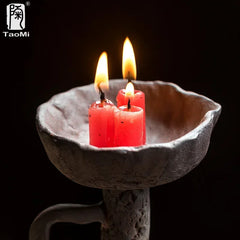Artisanal Ceramic Candle Holder Natural Crack Design with Wide Handles Retro Household Decoration