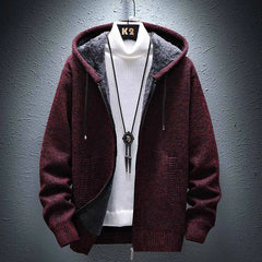 FALIZA Hooded Cardigan Knitted Sweater Mens Solid Color Thick Fleece Wool Casual Knitwear Male Clothing Sweaters for Men MXY117