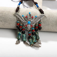 Bohemian Style Handcrafted Ceramic Necklace  Artisan Alloy Pendant with Blue and Red Beads handmade for women X867