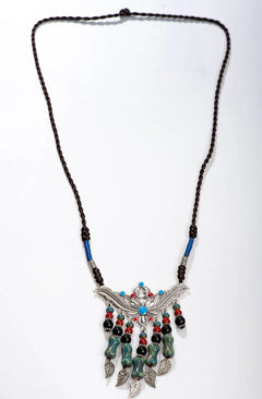 Bohemian Style Handcrafted Ceramic Necklace  Artisan Alloy Pendant with Blue and Red Beads handmade for women X867