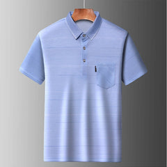 Middle-age Summer Tops Short Sleeve Smooth Polo Shirt Stripes Casual 95% Polyester Male Fashion Clothing Pocket 00518905