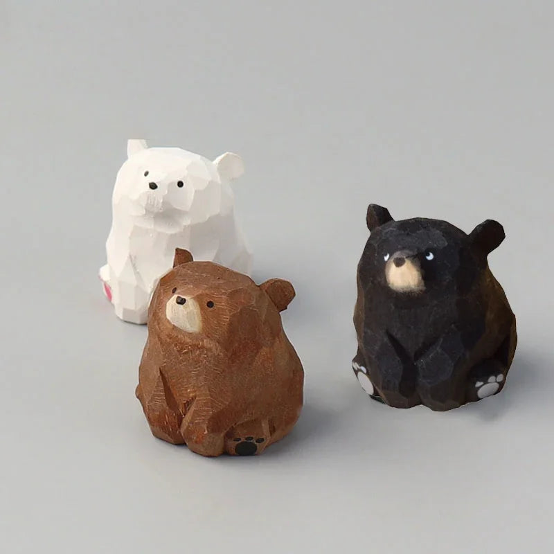 Handmade Wood Carving Bear Creative Animal Sculptures Miniature Figurines Cute Polar Bears Ornament Home Table Decoration Crafts