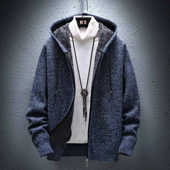 FALIZA Hooded Cardigan Knitted Sweater Mens Solid Color Thick Fleece Wool Casual Knitwear Male Clothing Sweaters for Men MXY117