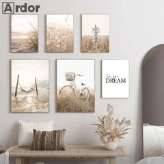 Beige Landscape Canvas Painting Beach Wall Poster Bike Art Prints Flower Wall Pictures Grass Print Nordic Posters Bedroom Decor