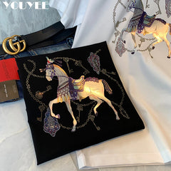 2022 New T-shirt Men's War Horse Hot Gold Printed Mercerized Cotton Tees Fashion Trend Light Luxury Quality Male Wear Clothing