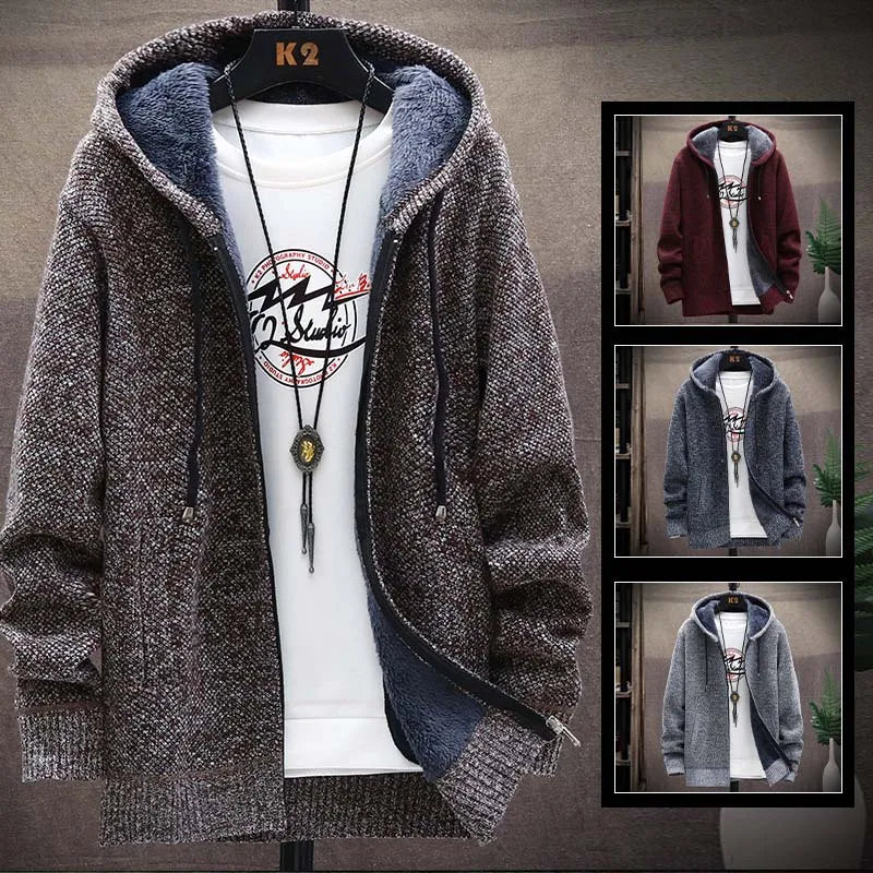 FALIZA Hooded Cardigan Knitted Sweater Mens Solid Color Thick Fleece Wool Casual Knitwear Male Clothing Sweaters for Men MXY117