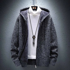 FALIZA Hooded Cardigan Knitted Sweater Mens Solid Color Thick Fleece Wool Casual Knitwear Male Clothing Sweaters for Men MXY117