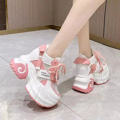 New Chunky Sneakers 2024 Summer Casual Vulcanized Shoes Woman High Platform Breathable Mesh Sneakers 10CM Women Sports Dad Shoes