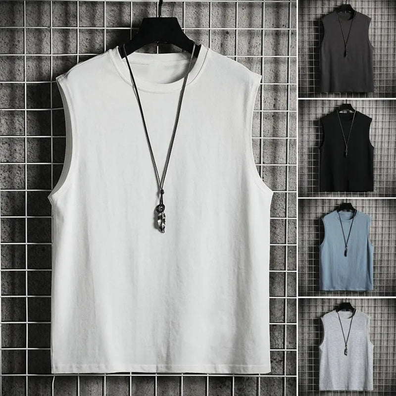 Trendy Men Summer T-shirt Solid Color Loose Sleeveless O Neck Pullover Breathable Exercise Simple Men Tank Top Male Clothing