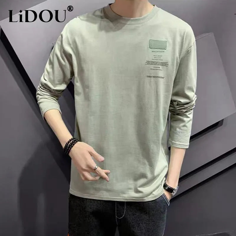 Spring Autumn Fashion Trend Letter Print T-shirts Men Long Sleeve Loose Casual Tops Man Hip Hop All Match Y2K Male Street Wear