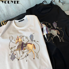 2022 New T-shirt Men's War Horse Hot Gold Printed Mercerized Cotton Tees Fashion Trend Light Luxury Quality Male Wear Clothing