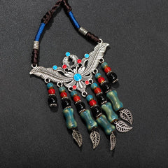 Bohemian Style Handcrafted Ceramic Necklace  Artisan Alloy Pendant with Blue and Red Beads handmade for women X867