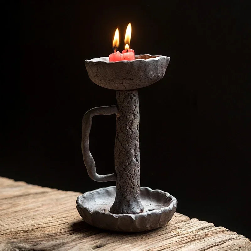 Artisanal Ceramic Candle Holder Natural Crack Design with Wide Handles Retro Household Decoration