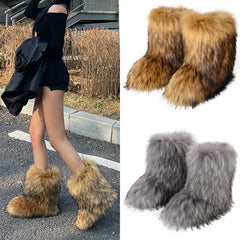 2024 Winter Women Fluffy Faux Fox Fur Boots Woman Plush Warm Snow Boots Luxury Footwear Girls Furry Fur Bottes Fashion Shoe