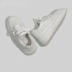 Leisure Sneakers Vulcanize Shoes Woman Spring Autumn PU Lace up Mid Heels Round Toe Women Shoes Solid Vulcanize Shoes Plus Size