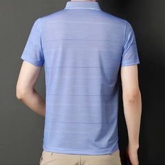 Middle-age Summer Tops Short Sleeve Smooth Polo Shirt Stripes Casual 95% Polyester Male Fashion Clothing Pocket 00518905