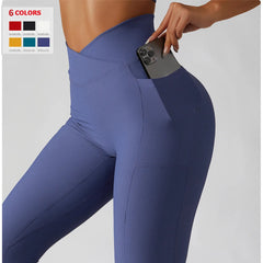 Solid Color Ribbed Yoga Pants Women Pockets Crossover High Waist Fitness Leggings Sexy Butt LIft Workout Running Tights