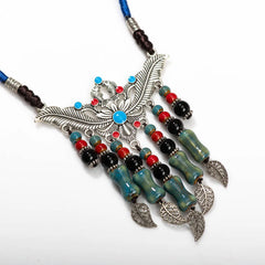 Bohemian Style Handcrafted Ceramic Necklace  Artisan Alloy Pendant with Blue and Red Beads handmade for women X867