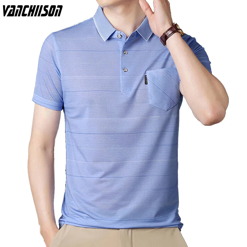 Middle-age Summer Tops Short Sleeve Smooth Polo Shirt Stripes Casual 95% Polyester Male Fashion Clothing Pocket 00518905
