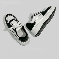 Leisure Sneakers Vulcanize Shoes Woman Spring Autumn PU Lace up Mid Heels Round Toe Women Shoes Solid Vulcanize Shoes Plus Size