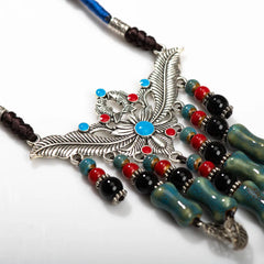 Bohemian Style Handcrafted Ceramic Necklace  Artisan Alloy Pendant with Blue and Red Beads handmade for women X867