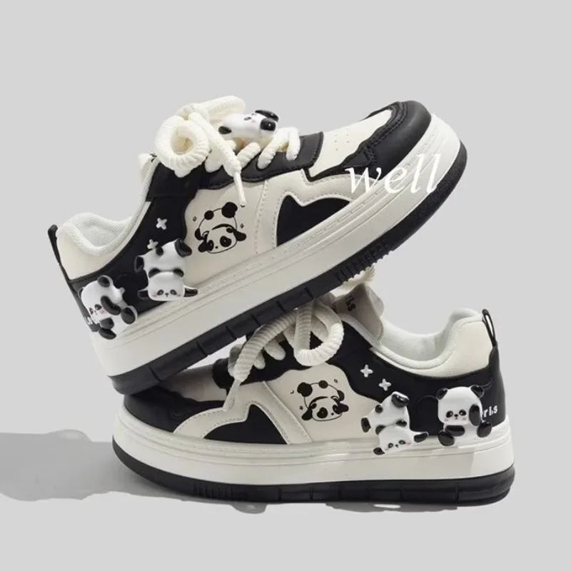 Kawaii Women Sports Shoes Panda Platform Sneakers Black White Cute Flats Lolita Footwear Tennis Female Casual Vintage Vulcanize