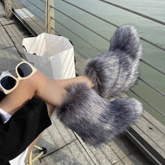 2024 Winter Women Fluffy Faux Fox Fur Boots Woman Plush Warm Snow Boots Luxury Footwear Girls Furry Fur Bottes Fashion Shoe