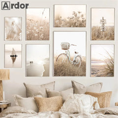 Beige Landscape Canvas Painting Beach Wall Poster Bike Art Prints Flower Wall Pictures Grass Print Nordic Posters Bedroom Decor
