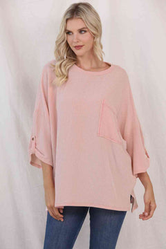 Round Neck Slit Roll-Tab Sleeve T-Shirt