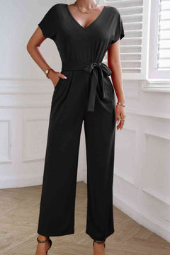 Tie Waist V-Neck Short Sleeve Jumpsuit