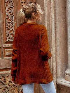 Ribbed Open Front Long Sleeve Cardigan with Pockets