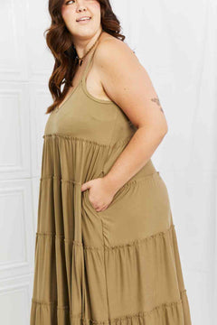 Zenana Full Size Spaghetti Strap Tiered Dress with Pockets in Khaki