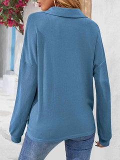 Half Button Collared Neck Long Sleeve Top