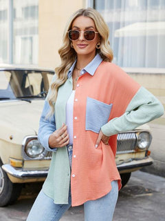 Color Block Button Up Collared Neck Shirt